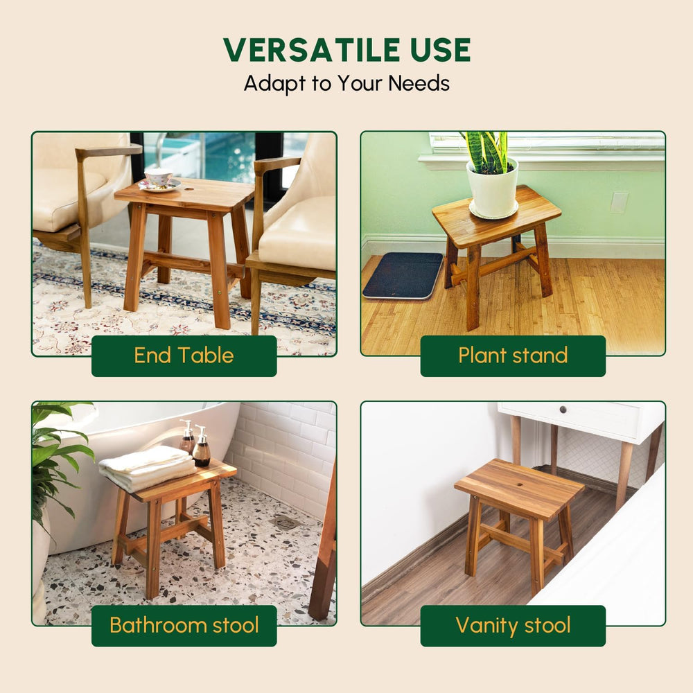 18-Inch Rectangular Acacia Wood Stool, Small Bench, Natural Wood