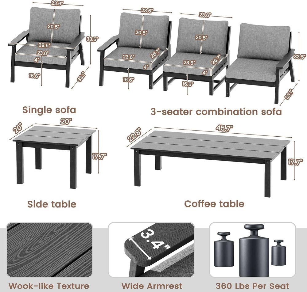 LOUNZY 7 Piece Patio Furniture Set,HDPE Outdoor Conversation Sets Black