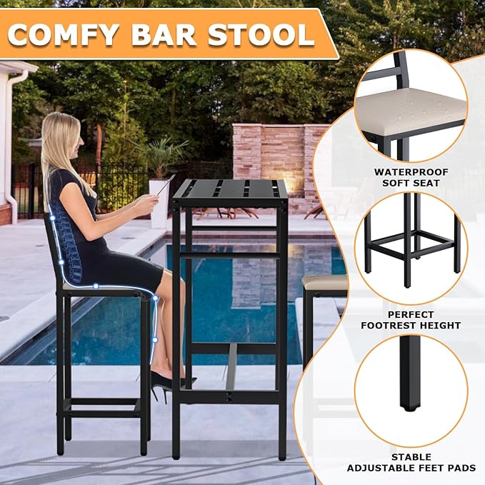Outdoor Patio Bar Set 3 Piece,50" Rectangular Counter Height High Top Ba...