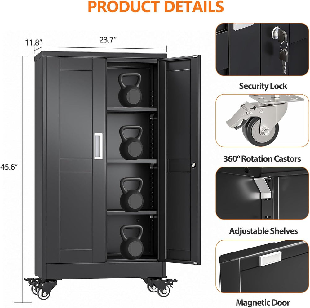 45.6" Tall Metal Garage Storage Cabinet with Wheels, White