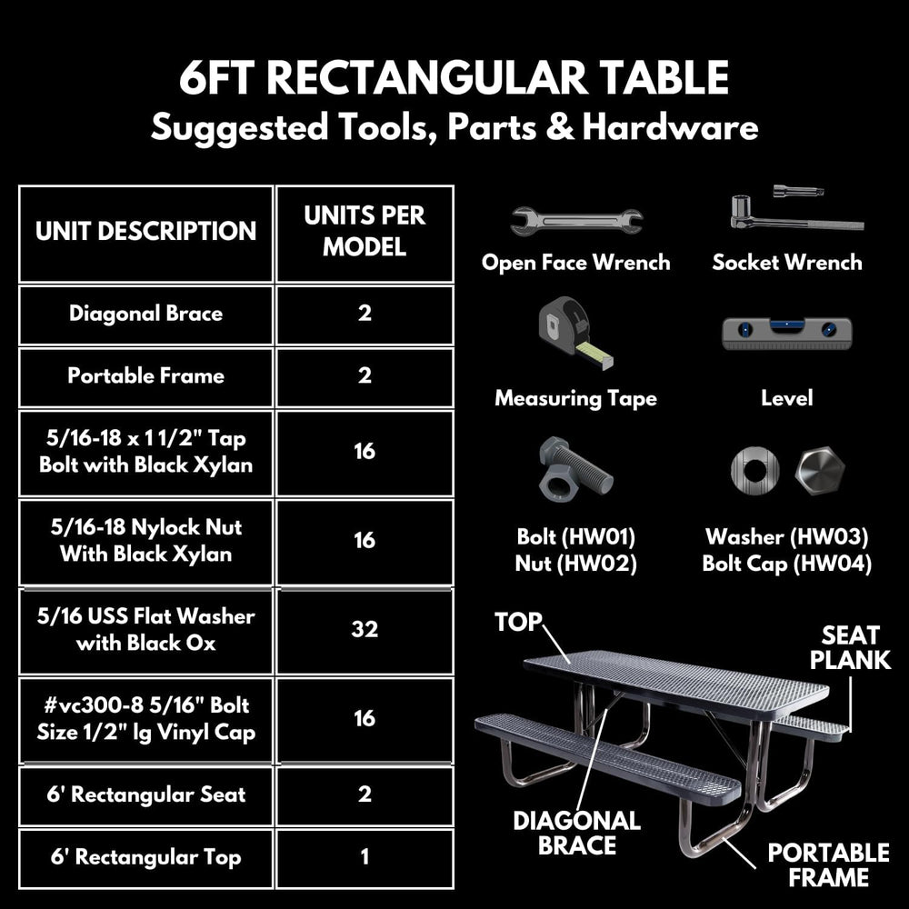 COATEDOUTDOORFURNITURE 6Ft Rect Picnic Table, Expanded, Black