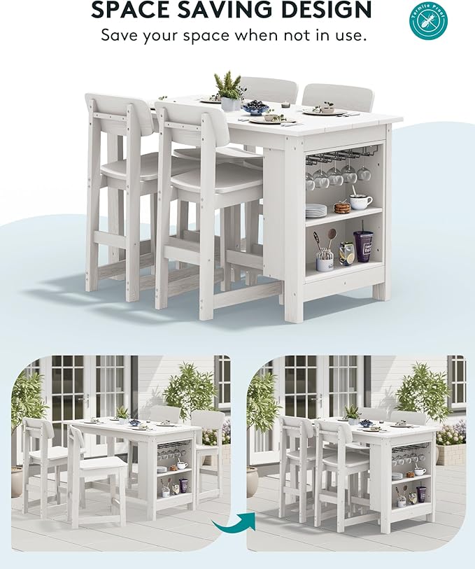 SERWALL Outdoor Bar Table and Chairs Set, 5-Piece HDPE Counter Height Patio D...