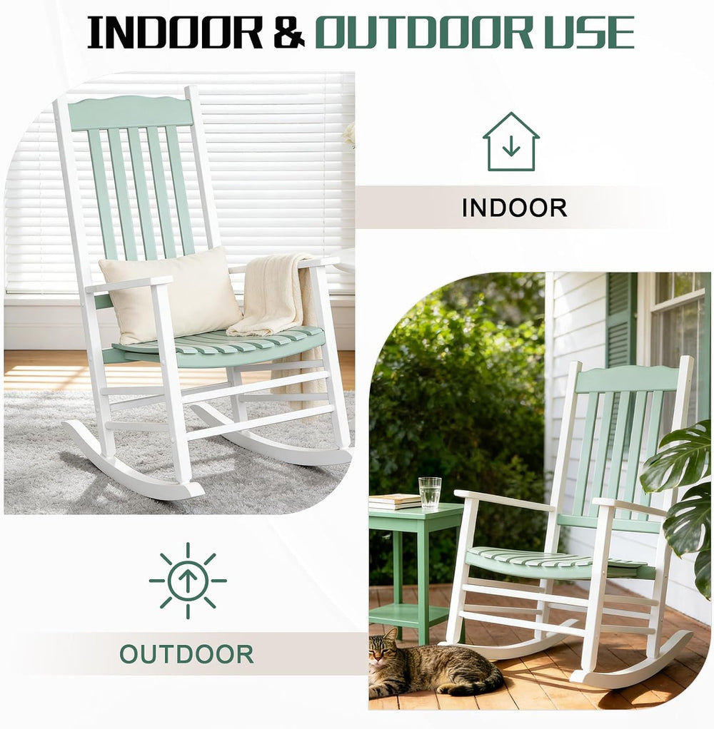 Outdoor Rocking Chair, Solid Wood Wave Shape Rocker, White & Green