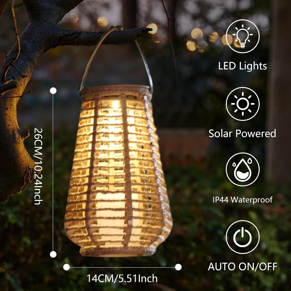 2 Pack Solar Lanterns Outdoor Waterproof, Hand-Woven Hemp Rope,10x5.5 Inch