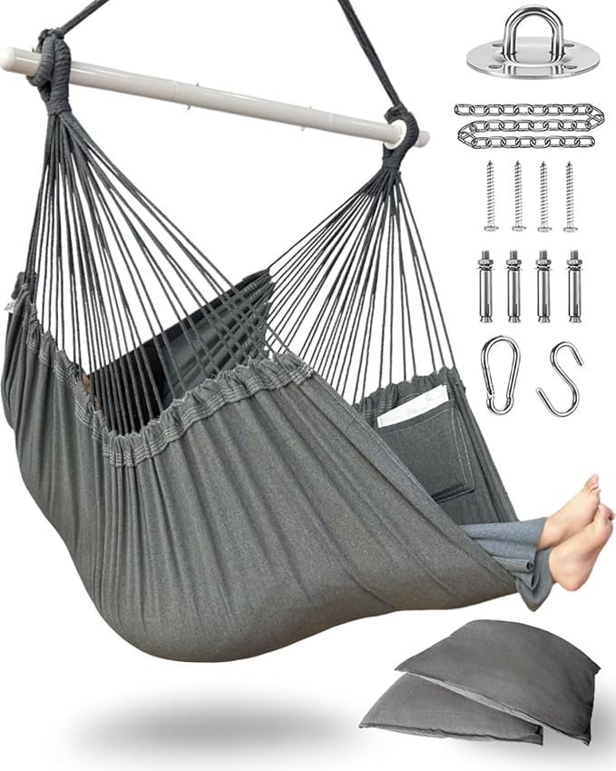 XXL Hammock Chair Hanging Rope Swing with 2 Cushions - Max 500lbs-Perfect for...