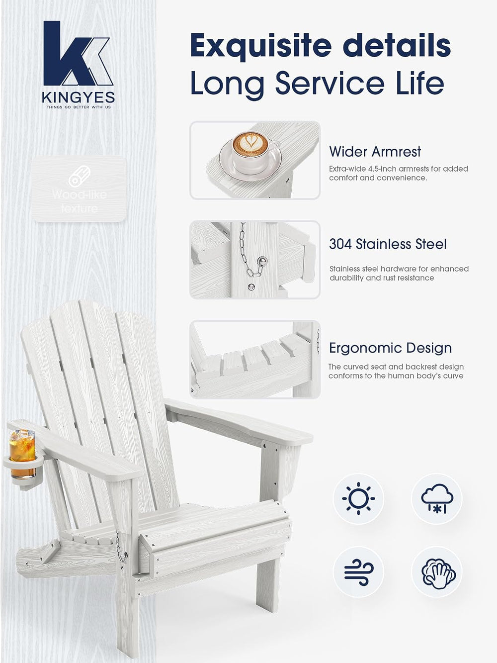 KINGYES Folding Adirondack Chair Set of 2 with Cup Holder, White