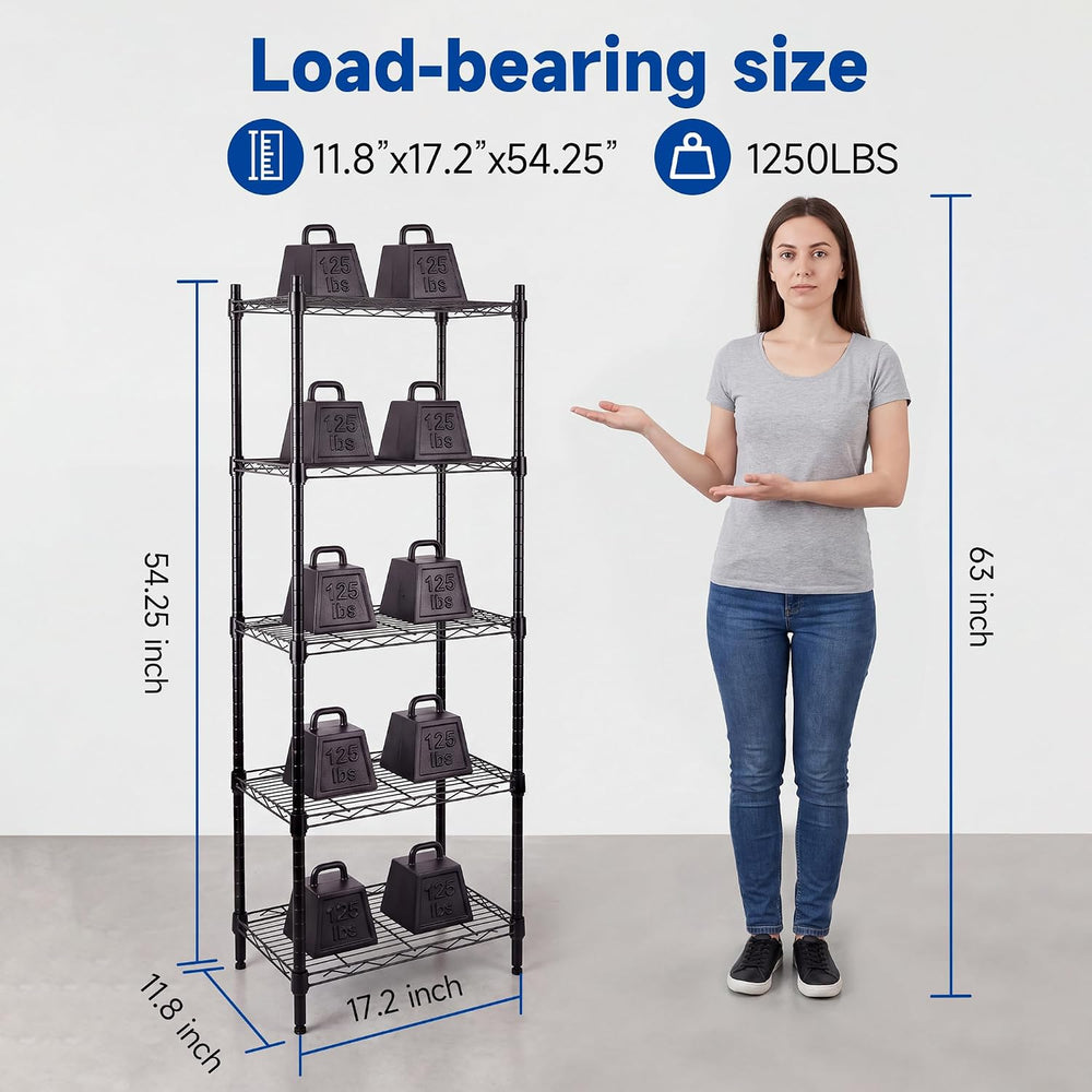 5-Tier Heavy Duty Wire Shelving Unit, 1250LBS Metal Rack, Black