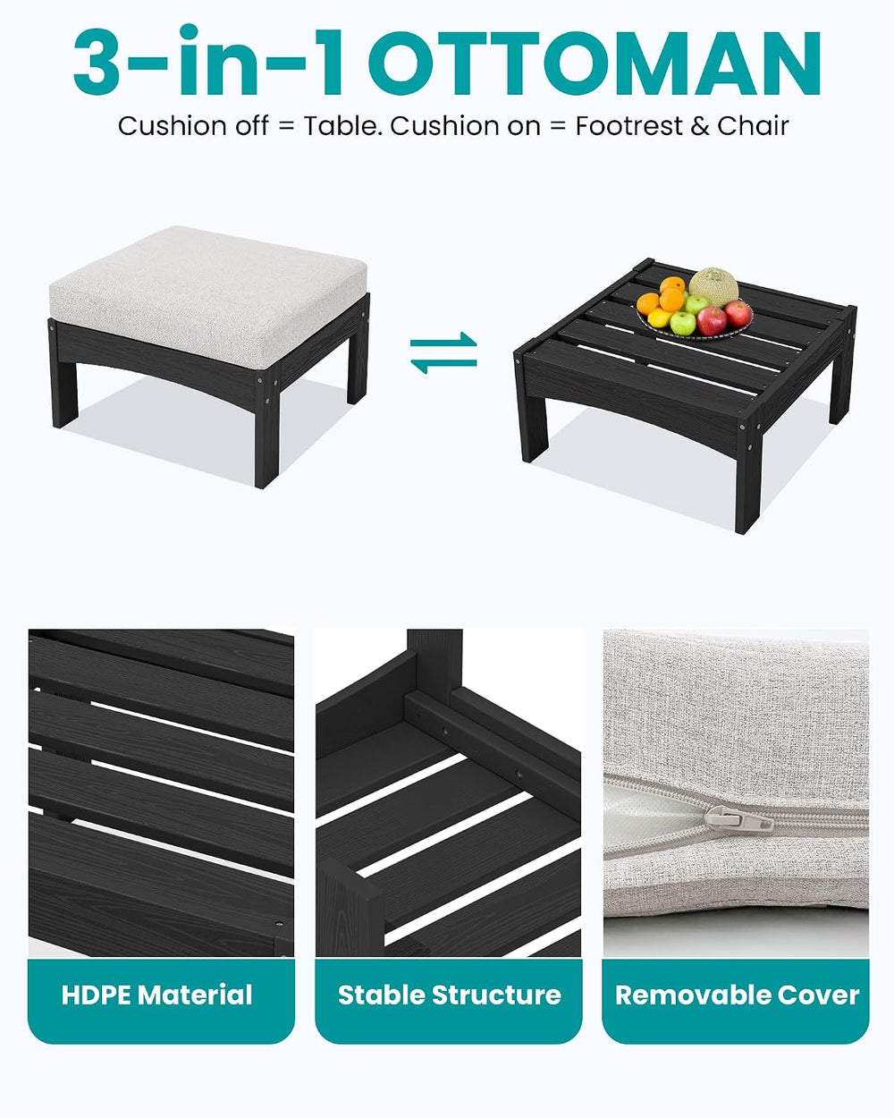 SERWALL 5 Piece HDPE Patio Sofas Set with Ottoman and Coffee Table, Black