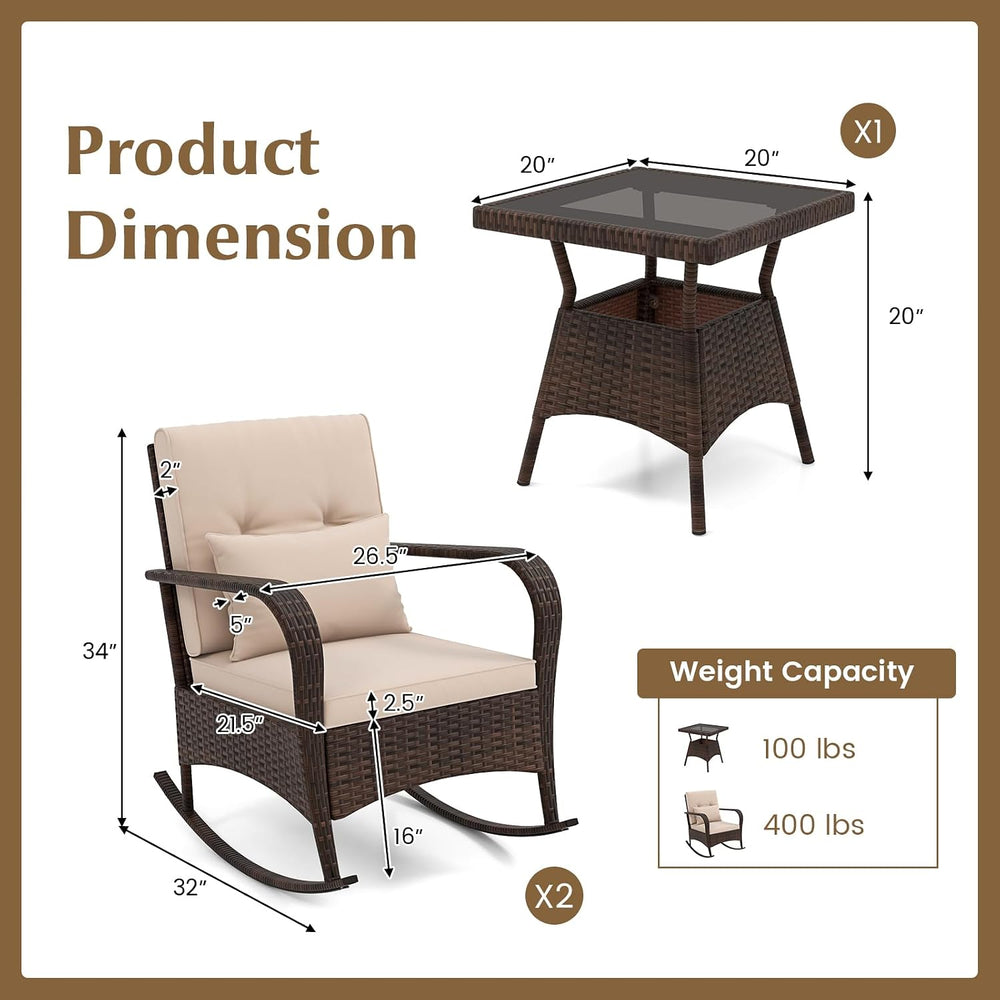 COSTWAY Outdoor Rocking Chairs Set of 2, 3 Piece PE Wicker Patio Bistro Set