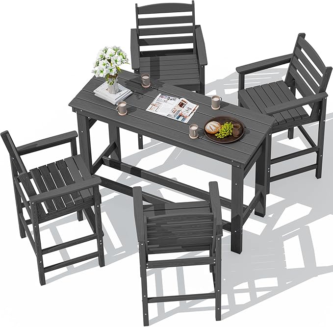 SERWALL Outdoor Bar Set - 4 Adirondack Bar Chairs & Bar Height Table with...