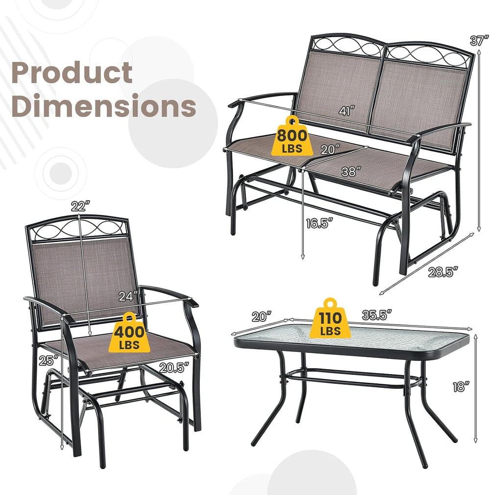 Tangkula 4 Pcs Patio Glider Set, Outdoor Gliding Loveseat w/Tempered Glass Co...