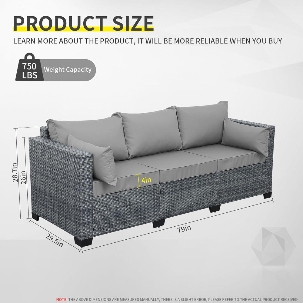 Wicker Patio Couch Outdoor 3-seat Sofa with All-Weather Rattan Deep Seater Ou...