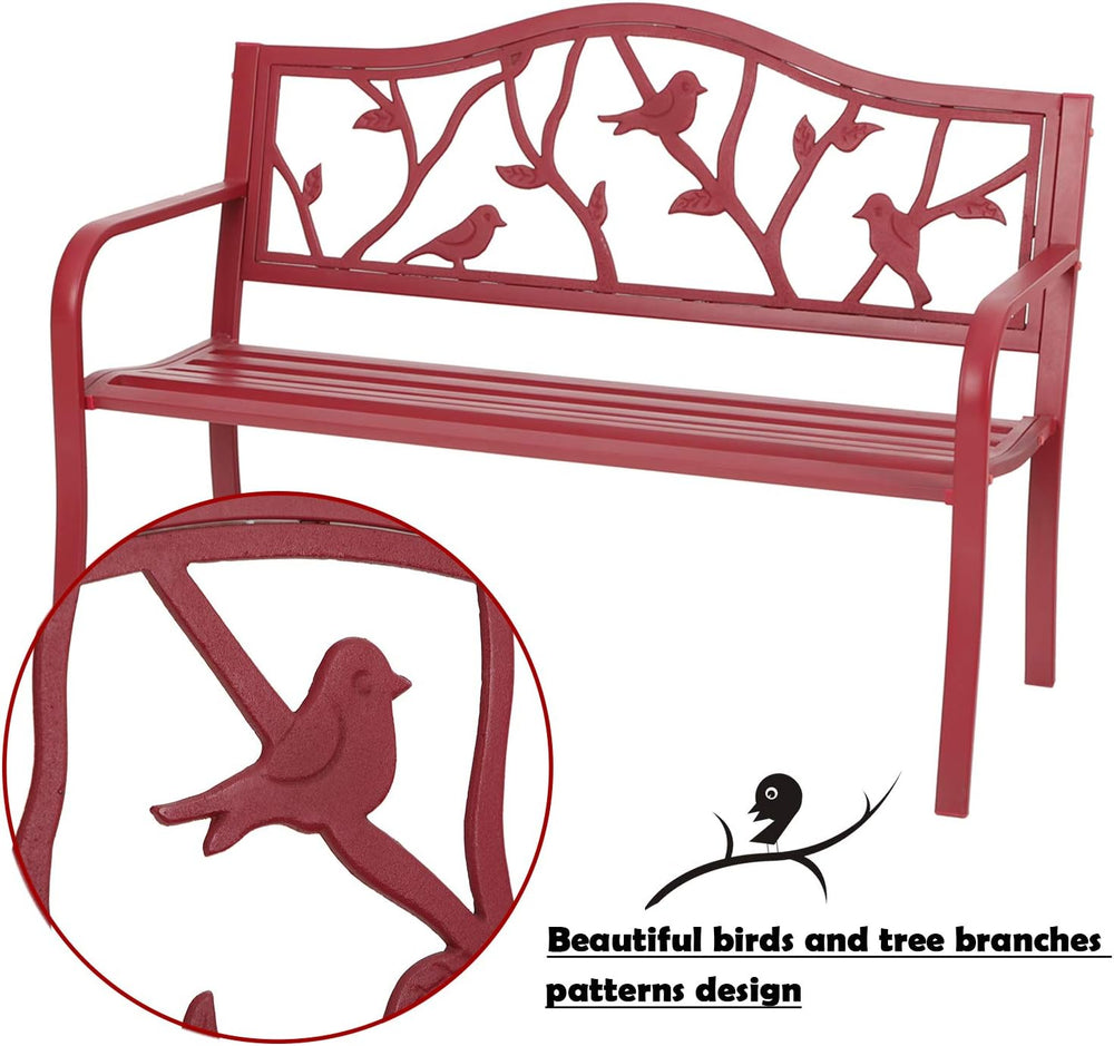 MFSTUDIO 50” Outdoor Garden Bench Cast Iron Metal Bird Pattern Backrest Red