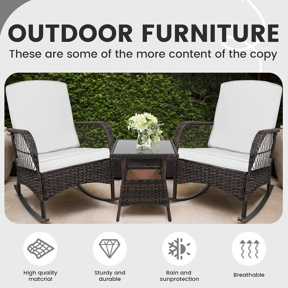 CHABATREE 3 pcs Rocking Bistro Set Conversation Chairs PE Wicker Outdoor Rock...