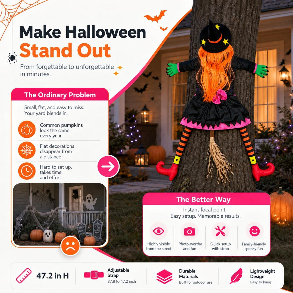Halloween Decoration Outdoor, Tree Hugging Witch with Orange Hair