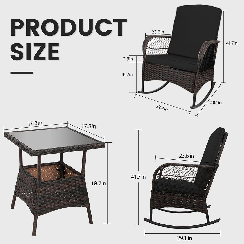 CHABATREE 3 pcs Rocking Bistro Set Conversation Chairs PE Wicker Outdoor Rock...