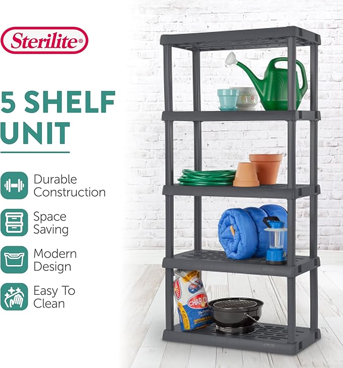 Sterilite 2-Pack 5 Shelf Unit, Heavy-Duty Shelving Storage Rack for Home and ...