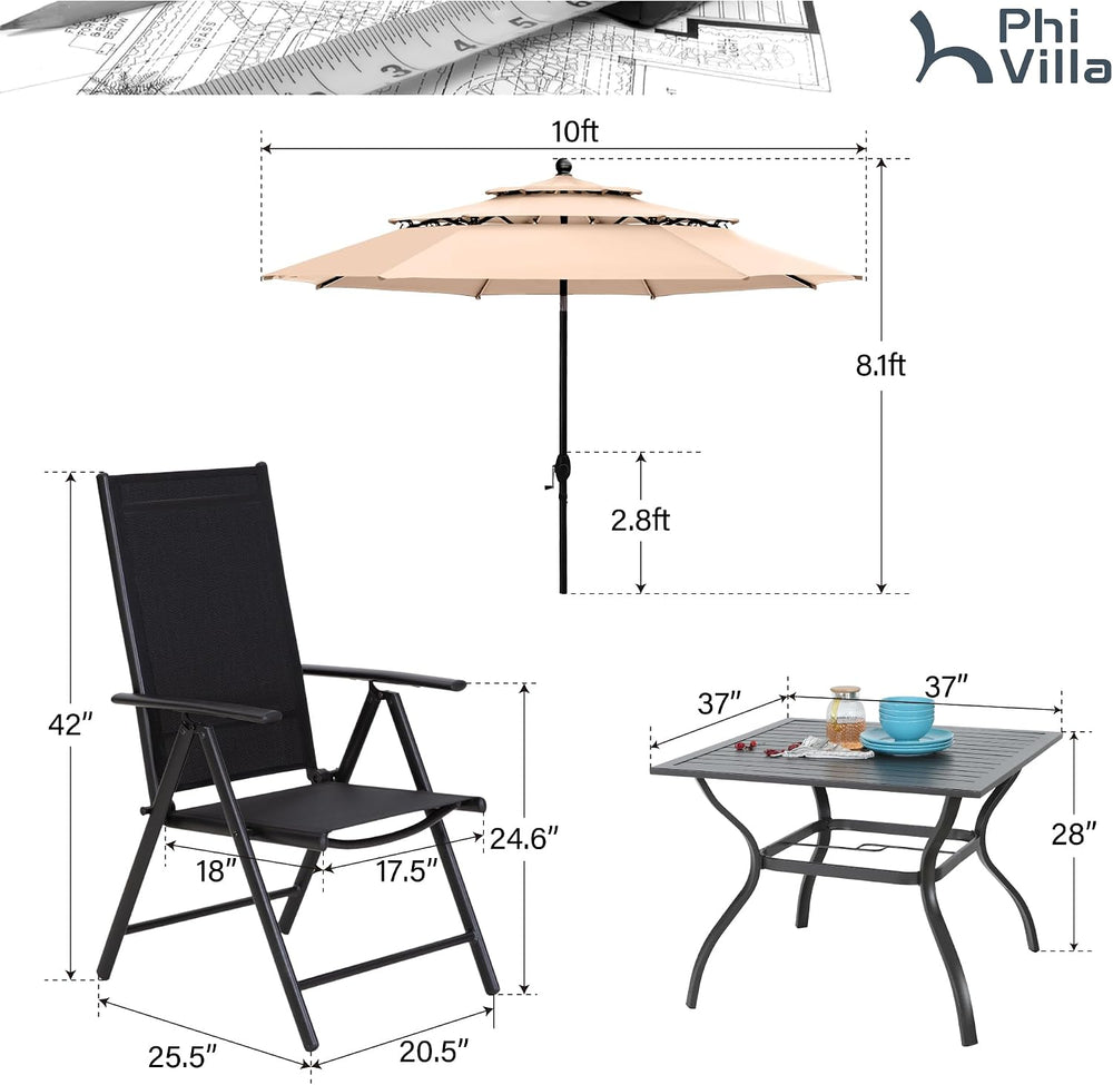 PHI VILLA Outdoor Patio Dining Set with Umbrella for 4, Folding Chairs