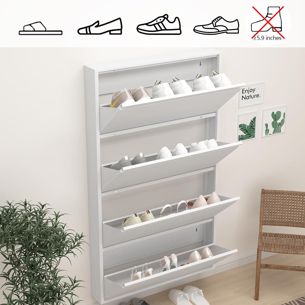 Slim Wall Mounted Metal Storage Cabinet with 4 Flip Drawers