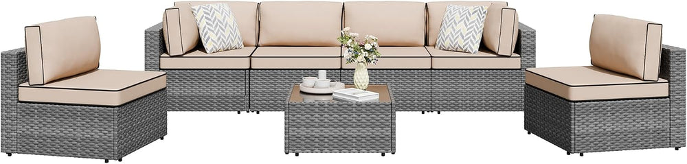 Shintenchi 7 Pieces Outdoor Patio Sectional Sofa Couch, Silver Gray PE Wicker...