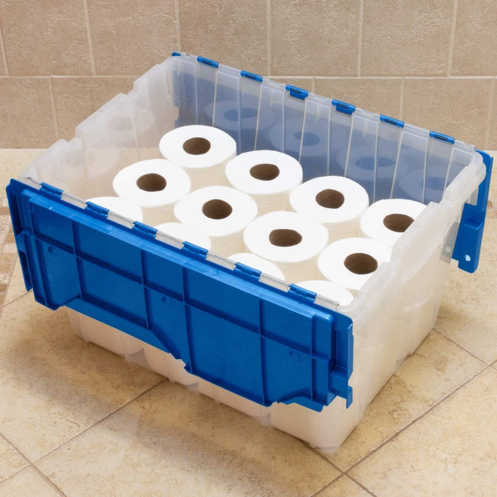 Akro-Mils KeepBox 12 Gallon Stackable Attached-Lid Storage Bin, Clear/Blue