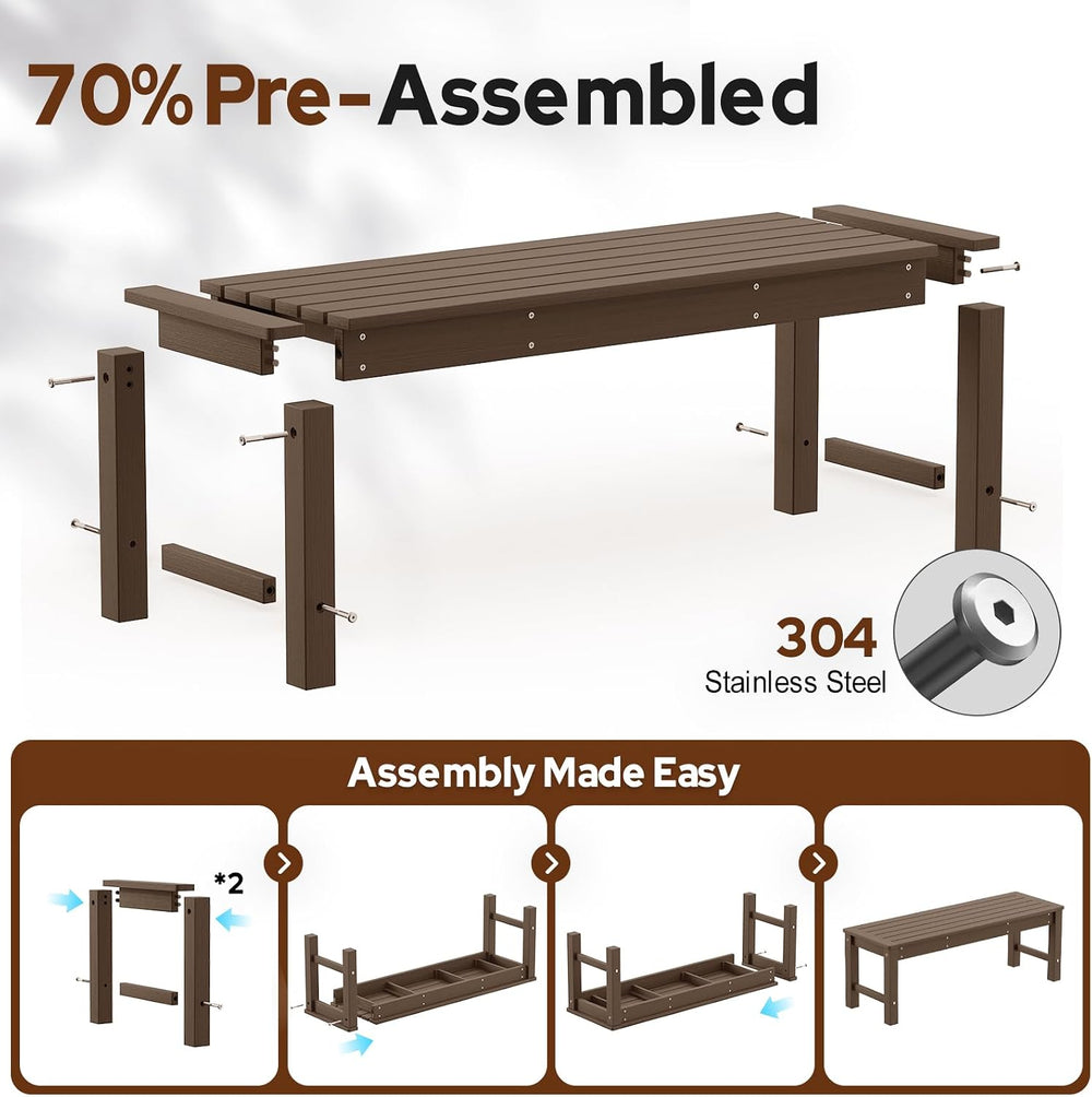 Psilvam 48“ HDPE Outdoor Bench, 2-Person Backless Garden Bench, Brown
