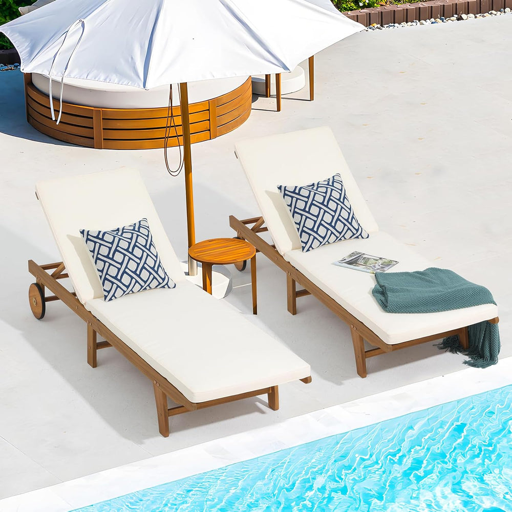 Patiorama Patio Acacia Wood Chaise Lounge Chair Set of 2, Pool Chair, Cream