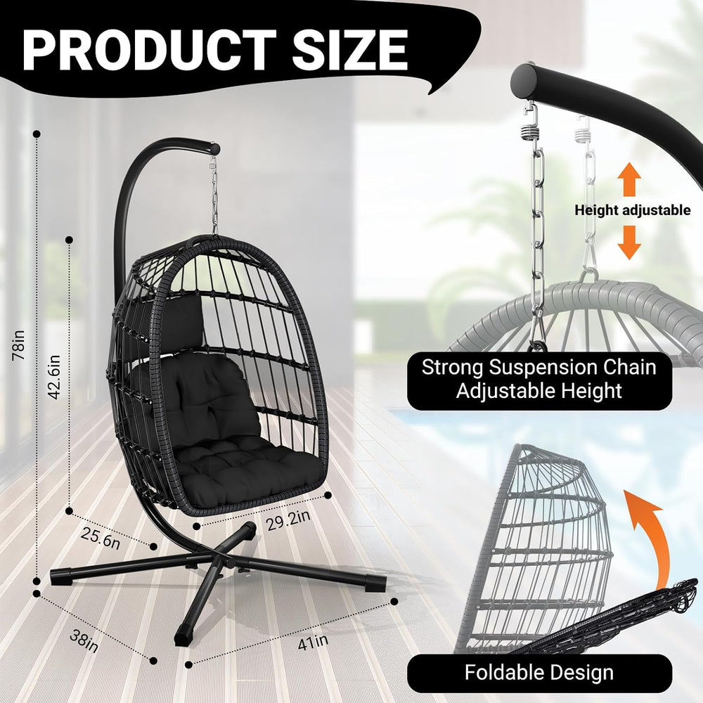 Hanging Egg Chair with Stand, Patio Rattan Wicker Swing Chair, Oversized Hamm...
