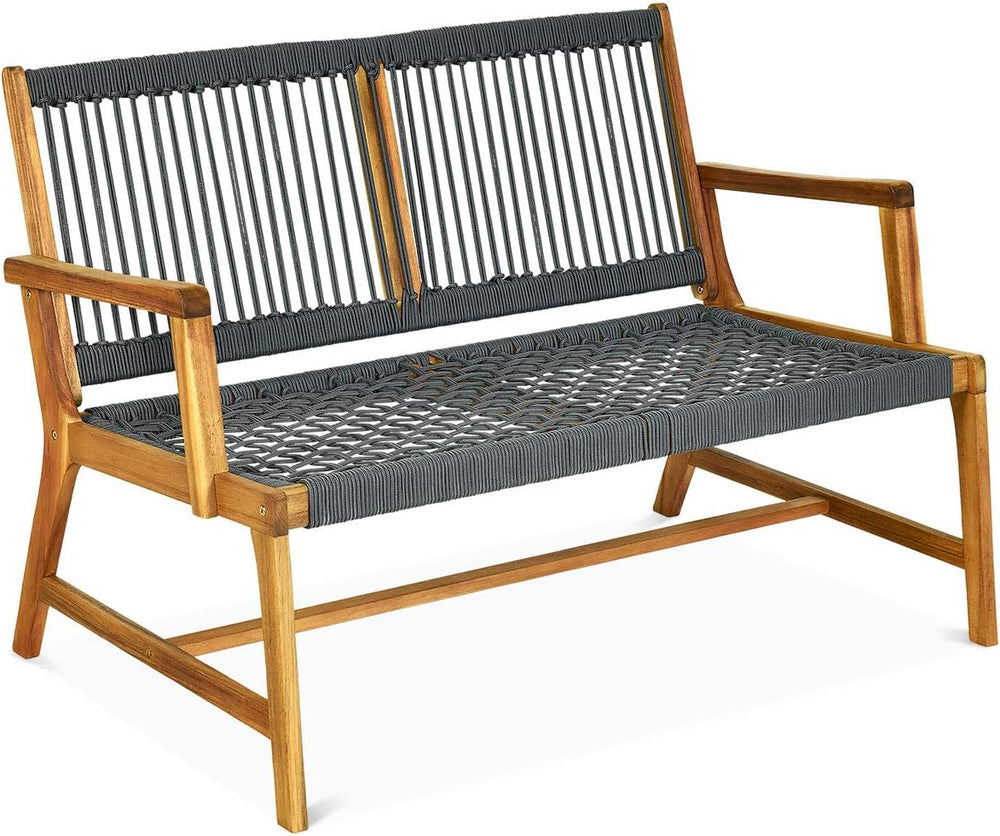 Tangkula 2-Person Patio Acacia Wood Bench Loveseat, Outdoor Patio Rope Bench ...