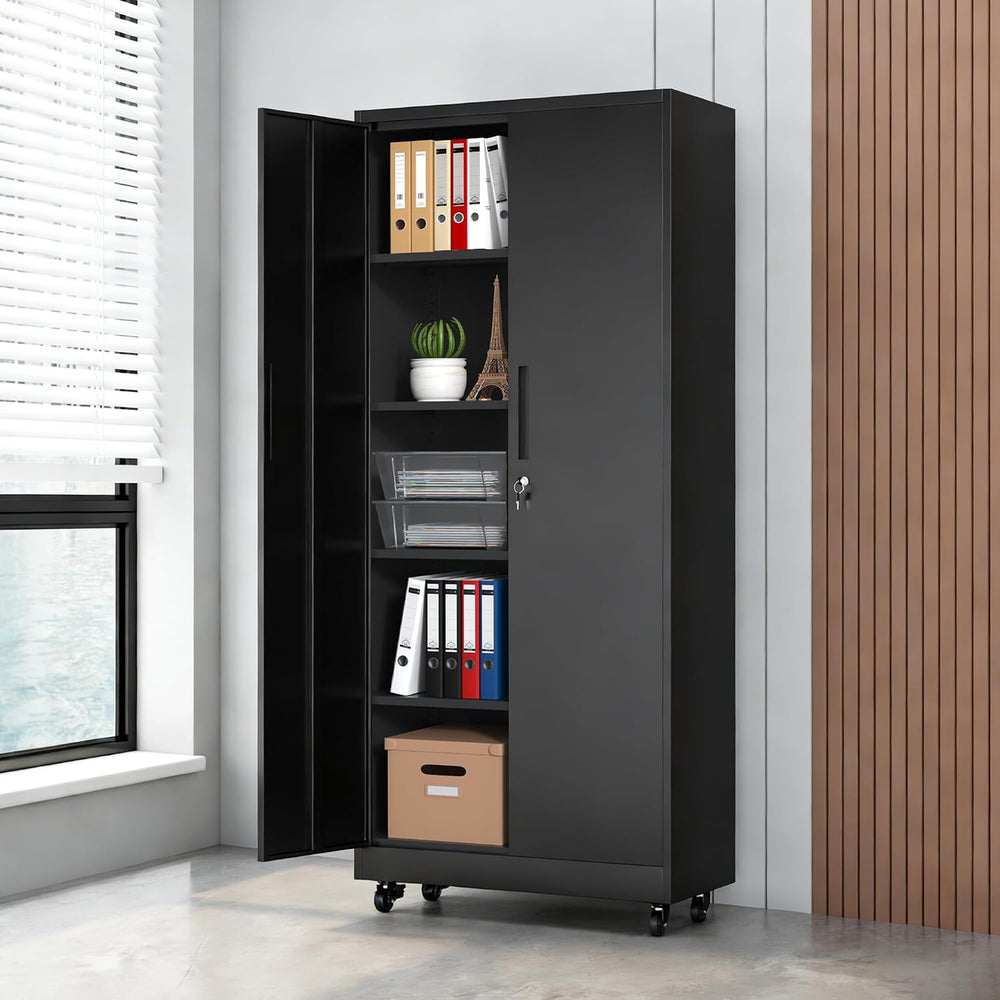 73" H Metal Cabinet with Wheels, Lockable Storage Cabinet, Black