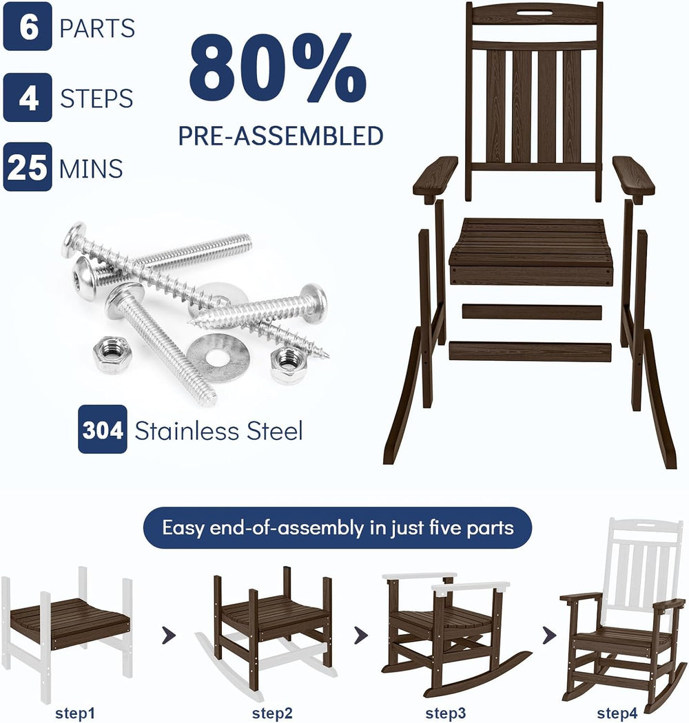 Plawdlik Oversized Outdoor Rocking Chair, All-Weather Patio Rocker, Coffee
