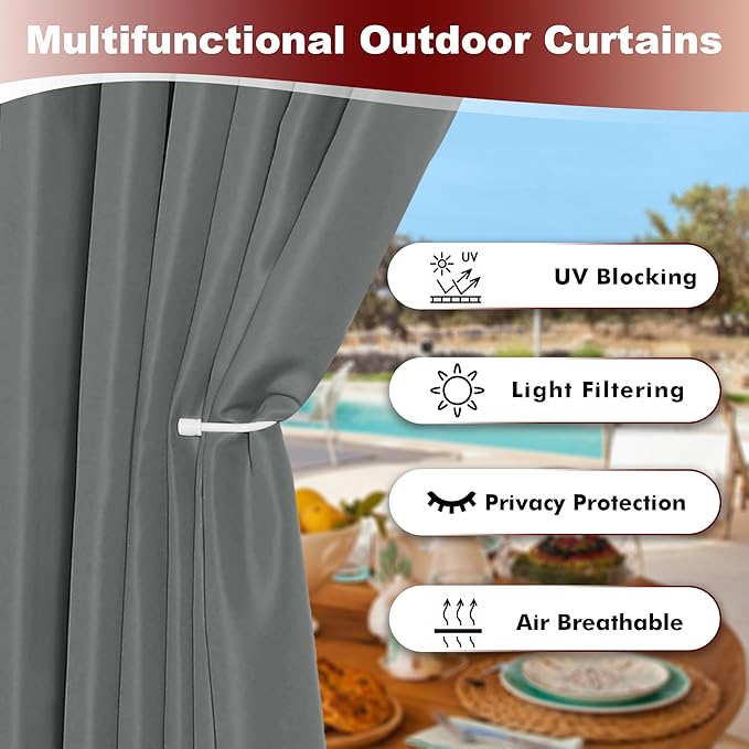 HolidayIdeas Grommet Top Outdoor Curtains for Patio Waterproof 8 Pcs All Weat...