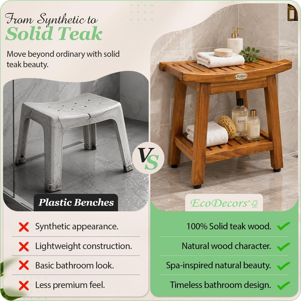 EcoDecors 18" Teak Shower Bench with Shelf & Handle Solid Teak Showe...