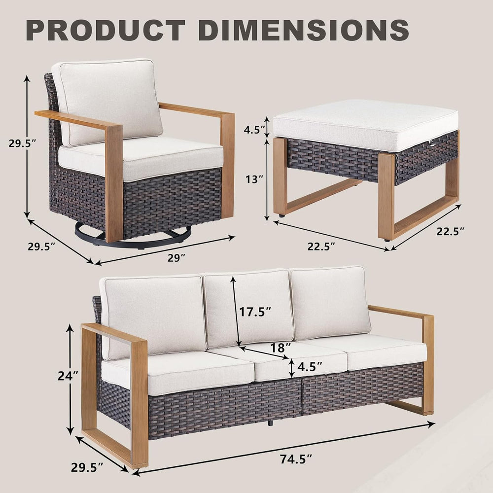 Brown Outdoor Wicker Patio Furniture Set of 7 with Ottomans, Rattan Couch
