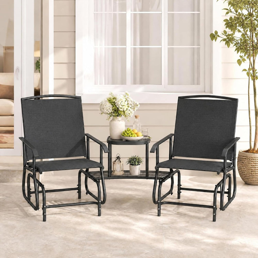 GIANTEX Outdoor Glider Chairs with 2-Tier Center Table, 2-Person Loveseat