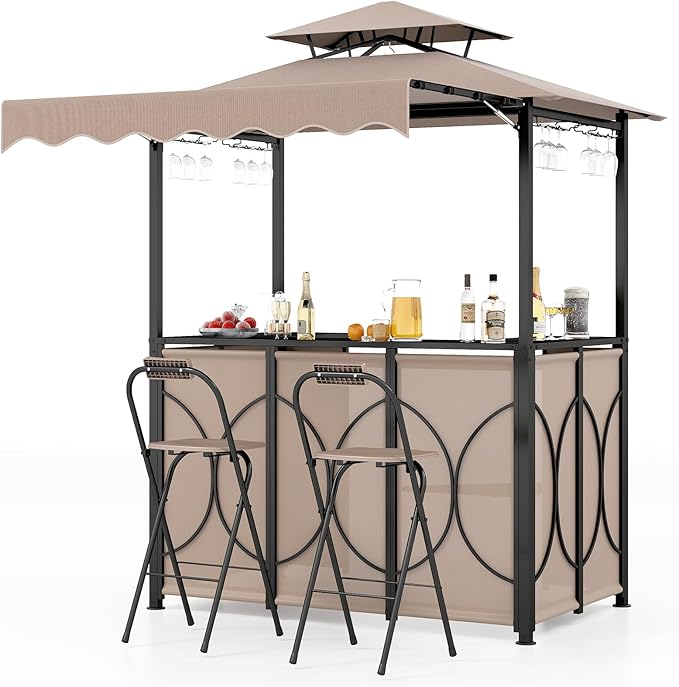 Tangkula 3 Piece Patio Bar Set, Grill Gazebo & 2 Foldable Bar Stools with...
