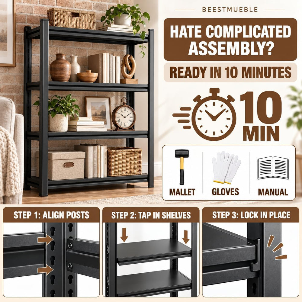 Metal Book Shelf, Adjustable Tall Bookcase No-Assembly-Required BookShelves