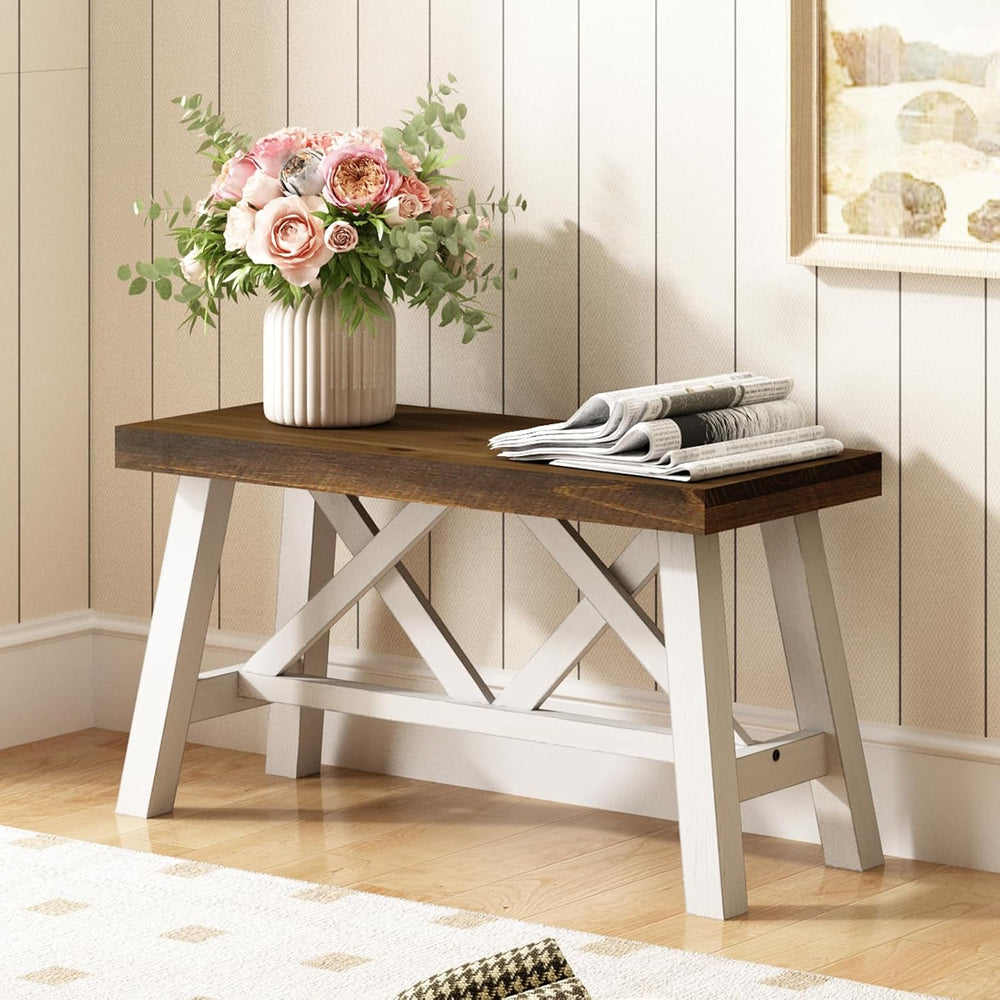 Wnutrees 30" Farmhouse Solid Wood Bench, Rustic Entryway Bench, White