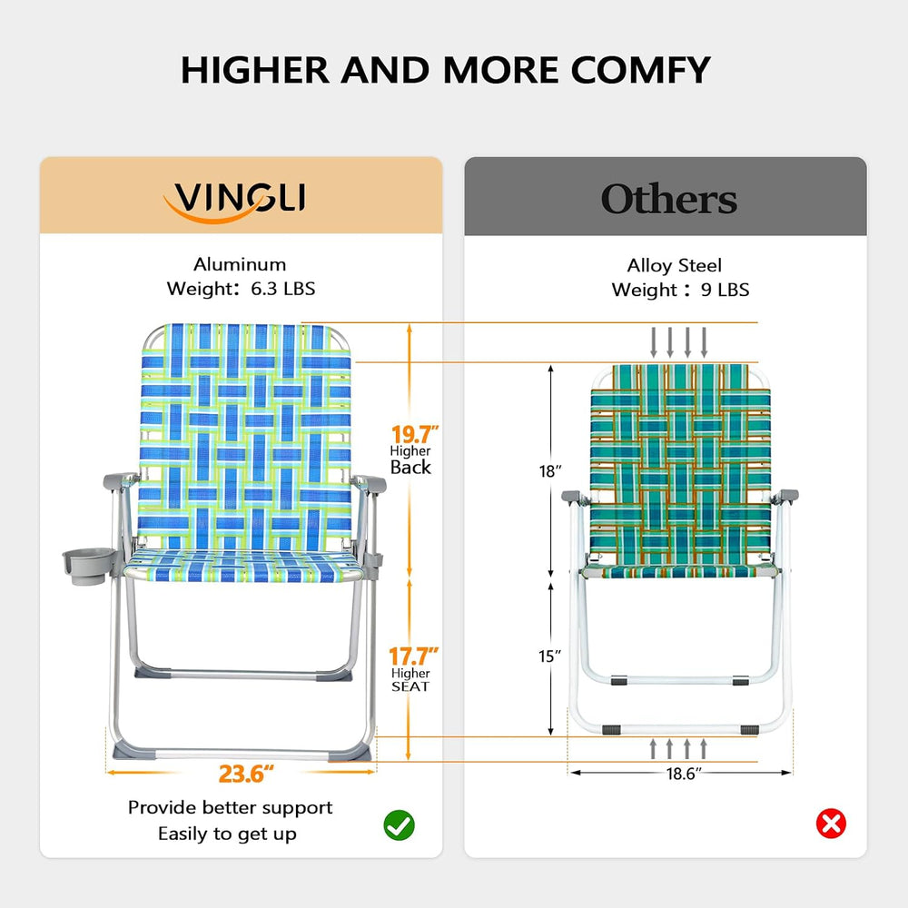 VINGLI Folding Aluminum Webbed Oversized Lawn Chairs with Detachable Cup Hold...