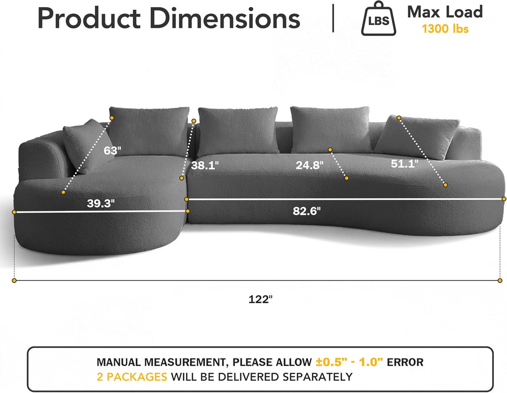 122" Modern Curved Oversized Sectional Sofa with Left Chaise for Living ...