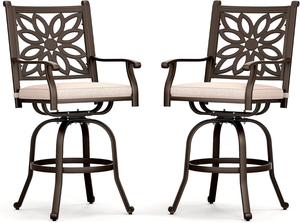 PHI VILLA Outdoor Bar Stools Swivel Set of 2,Cast Aluminum Patio Bar