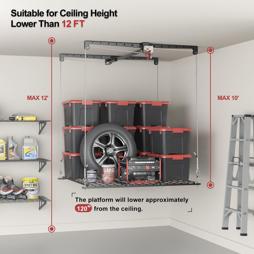 Overhead Garage Storage Rack for 10–12 FT Ceiling, Heavy-duty 4x4 FT Ceiling ...