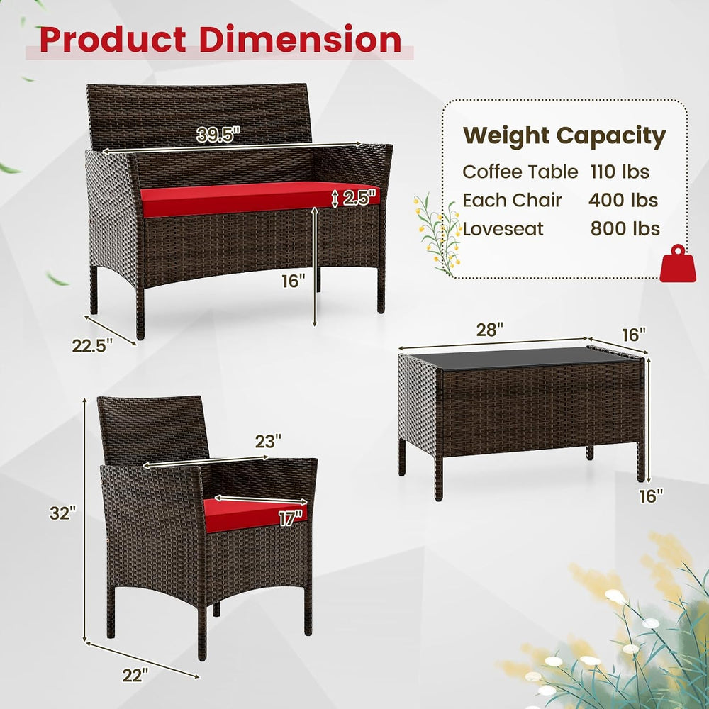 HAPPYGRILL 4pcs Patio Furniture Set Rattan Wicker Conversation Set