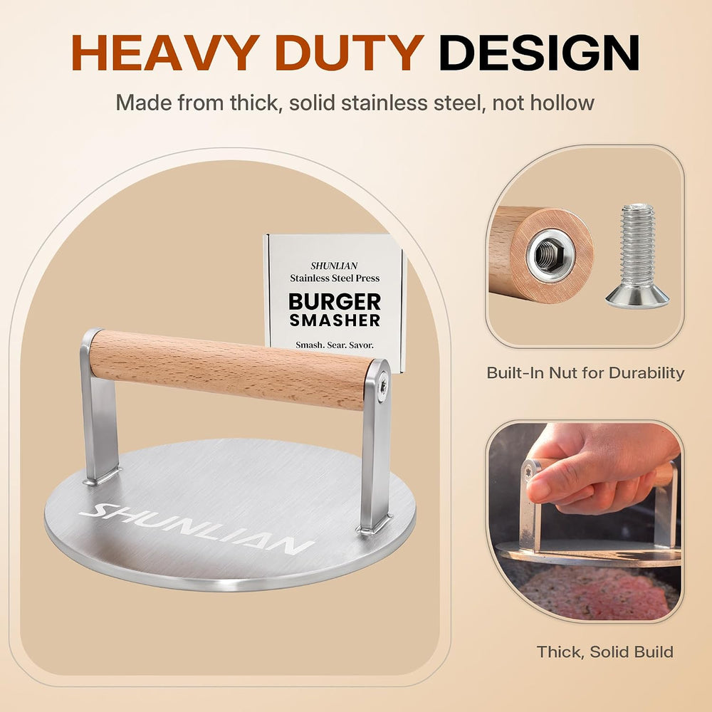 Stainless Steel Burger Smasher, 6 Inch Heavy Duty Grill Press with Wood Handl...