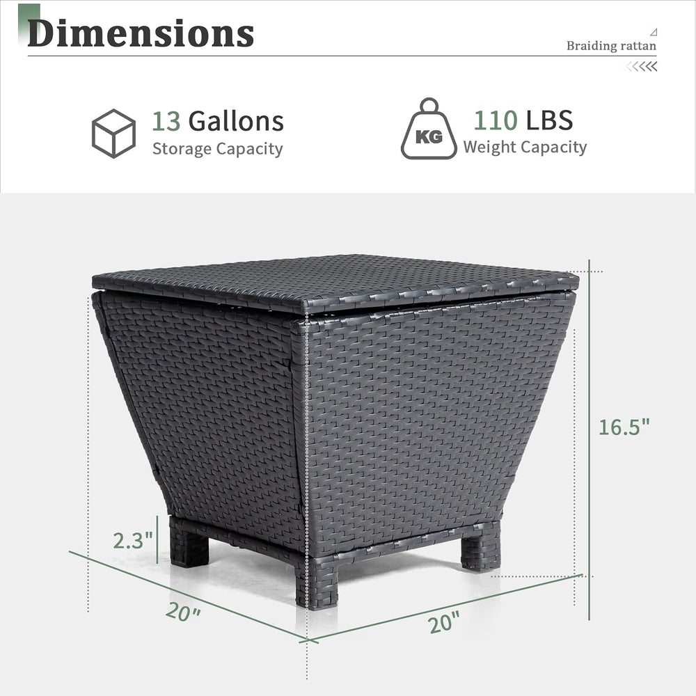 Outvita Black Rattan Outdoor Storage Side Table, 13 Gallon Box with Lid