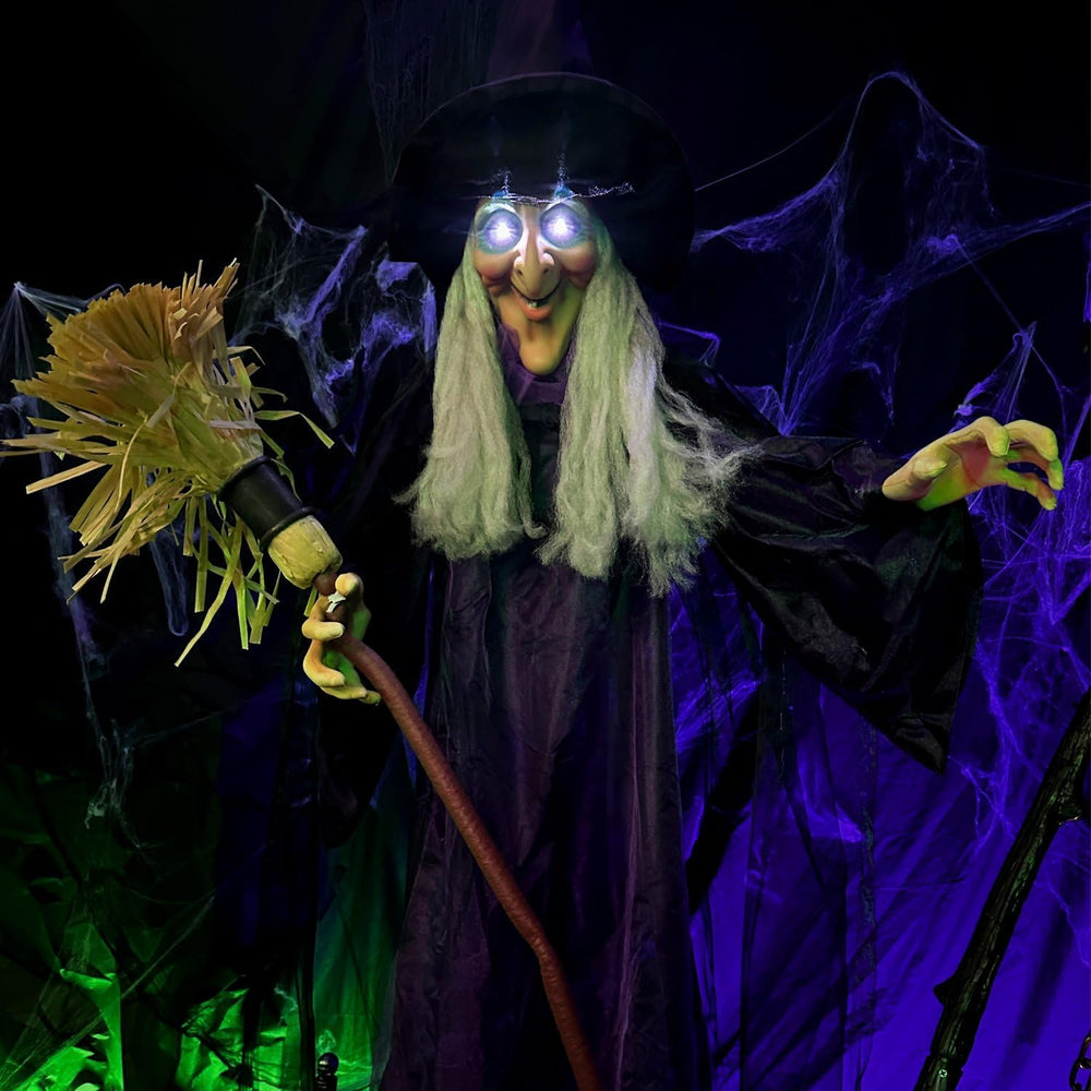 Haunted Hill Farm Life-Size Scary Talking Witch with Broomstick, Halloween An...