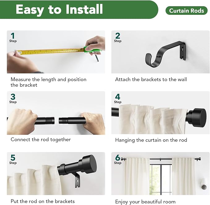 2 Pack Black Curtain Rods for Windows 48 to 84, 1 Inch Adjustable Heavy Duty ...
