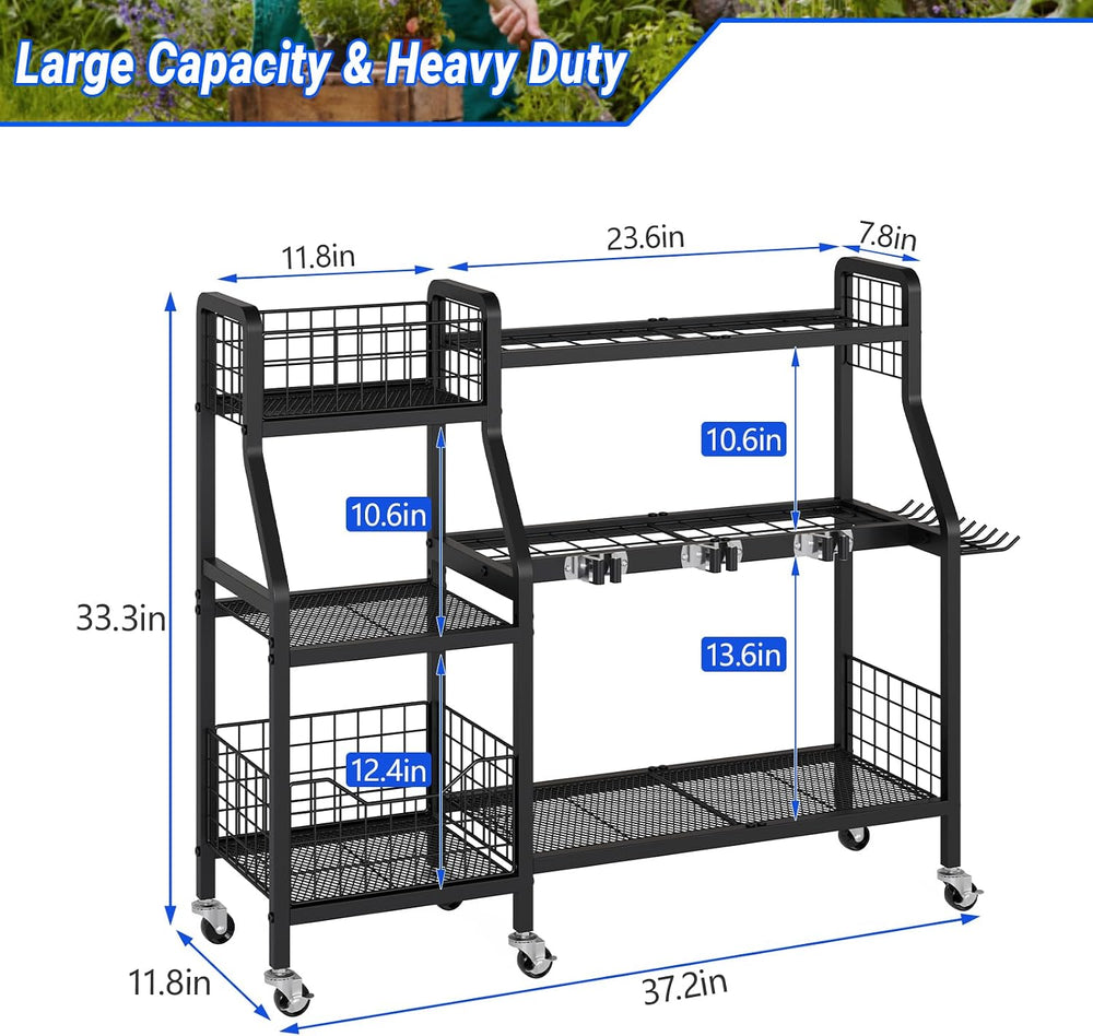 keomaisyto Heavy-Duty Garden Tool Organizer with 6 Wheels and 2 Baskets