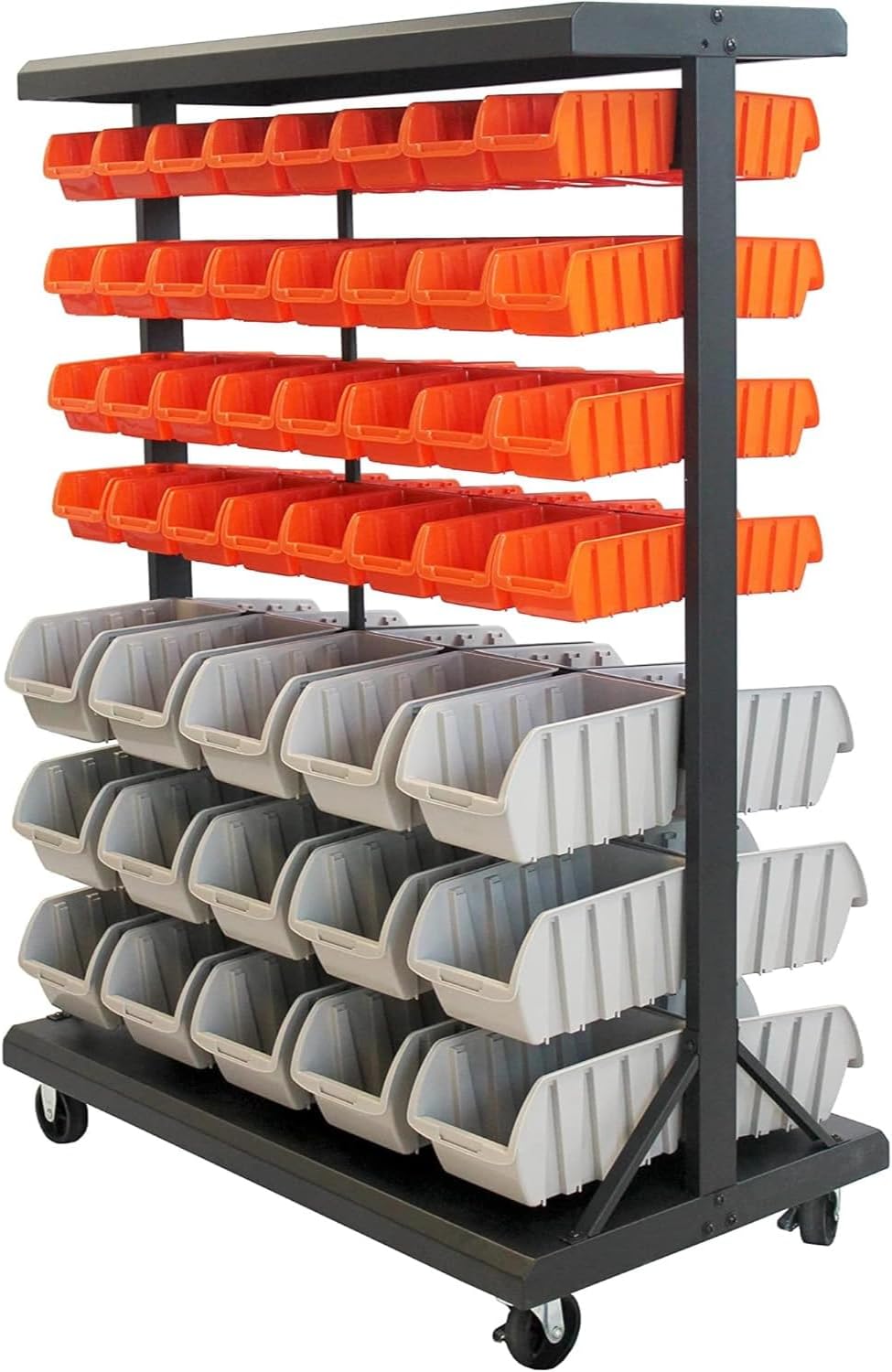 TRINITY 7-Tier Dual-Sided Rolling Storage Bin Rack & Parts Organizer, Black