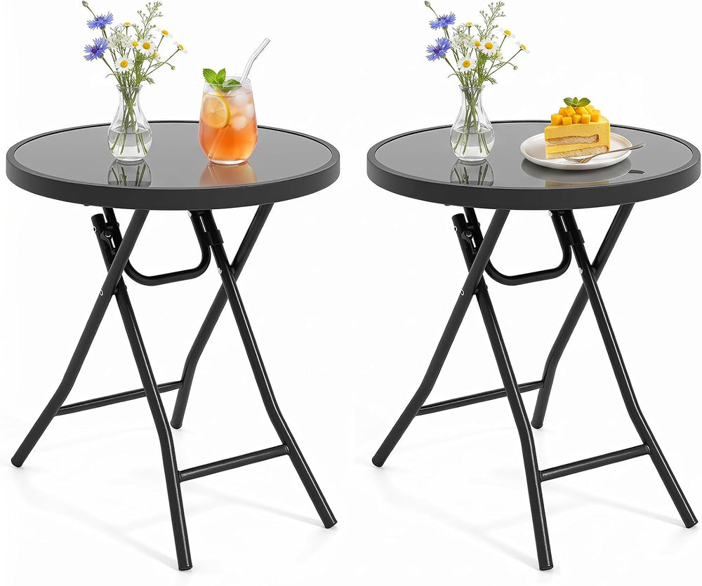 GIANTEX Folding Side Table w/Tempered Glass Tabletop & Metal Frame Set of 2